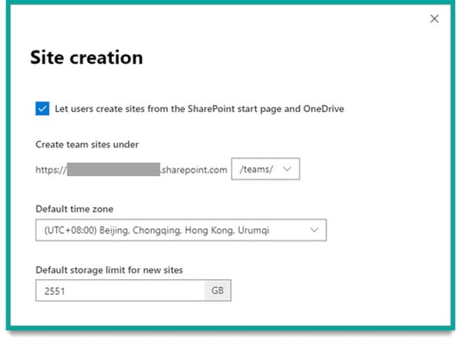 screenshot of the site creation page in SharePoint admin settings