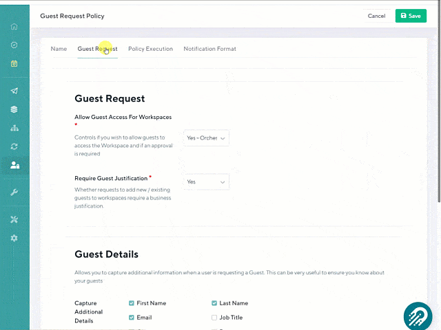 GIF demonstrating how to configure guest names in a Guest Request policy