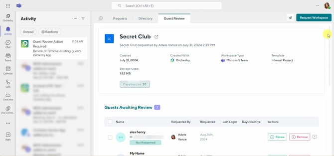 screenshot of a Guest Review being completed from Microsoft Teams